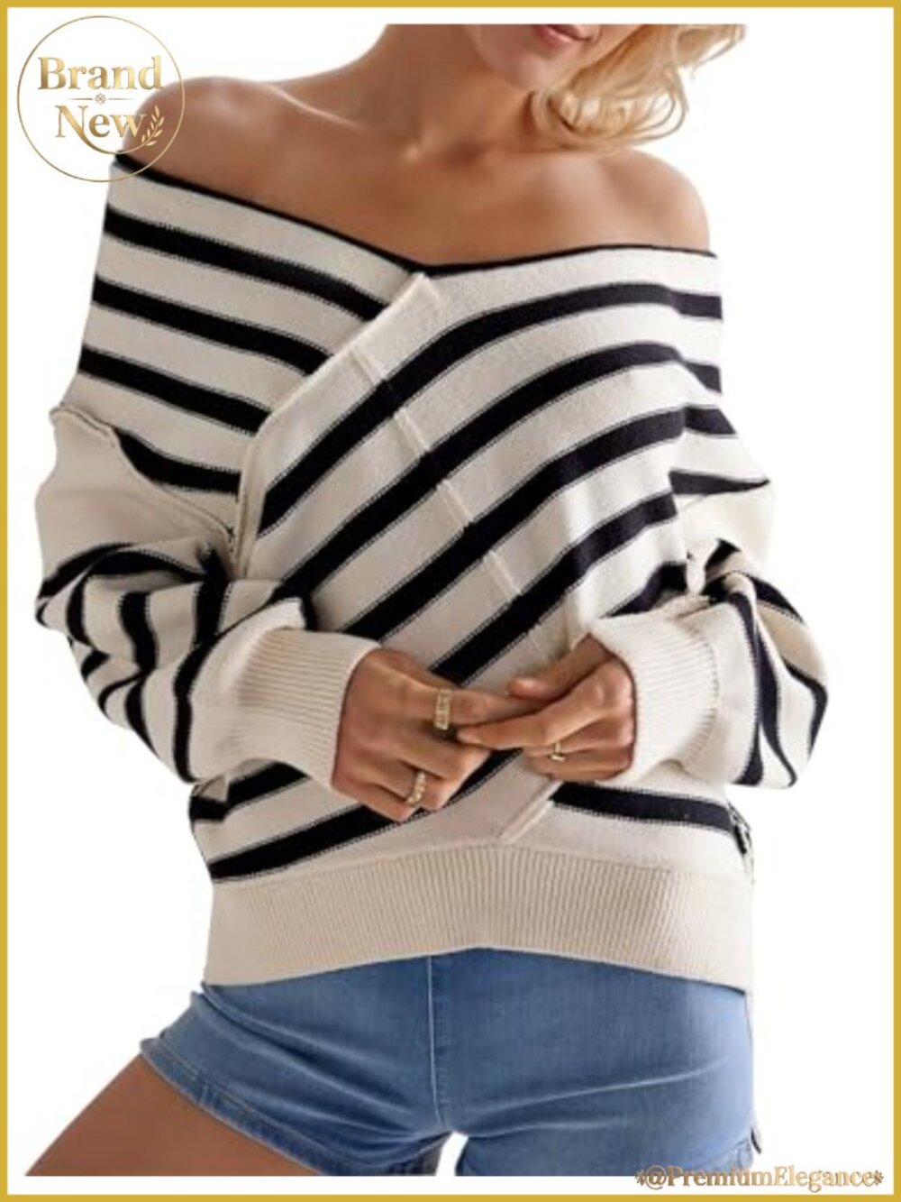 Women's Striped Off Shoulder Oversized Sweater Long Sleeve Fall Winter Pullover